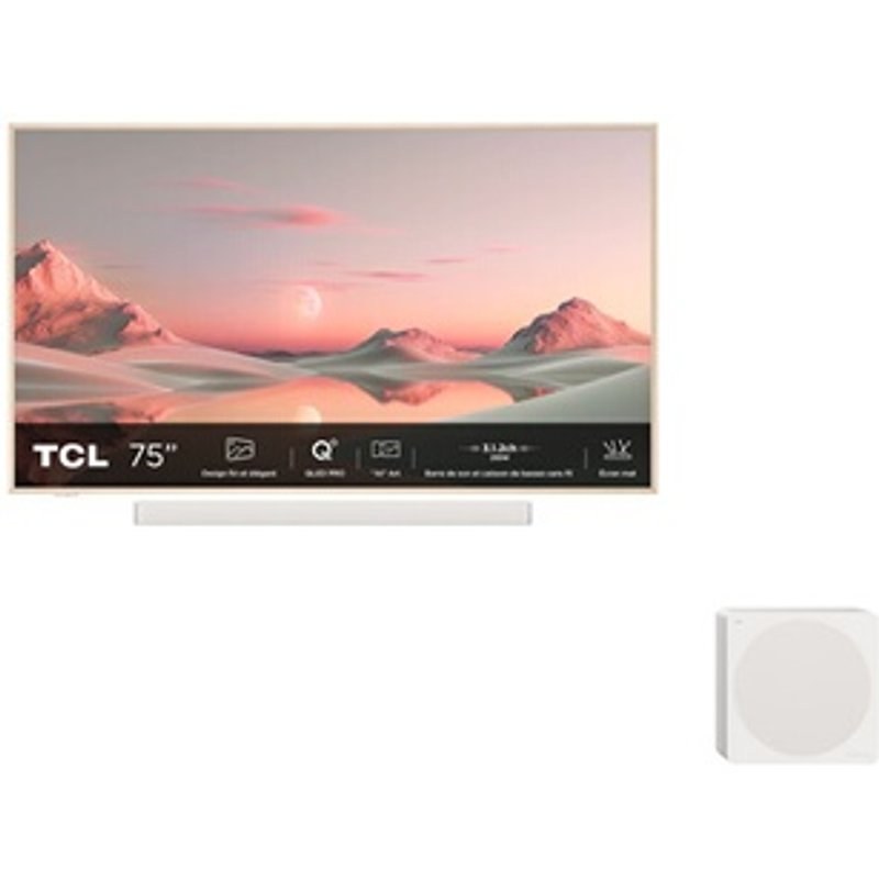Pack TV QLED Pro TCL 75A300PRO NXTVISION 190 cm 4K UHD Aluminium brossé + Barre de son 3.1.2CH avec caisson de basses