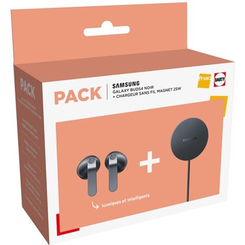 Pack Fnac Ecouteurs intra-auriculaires sans fil True Wireless Samsung BUDS4 avec réduction de bruit active Noir + Pad à induction magnétique 25 W