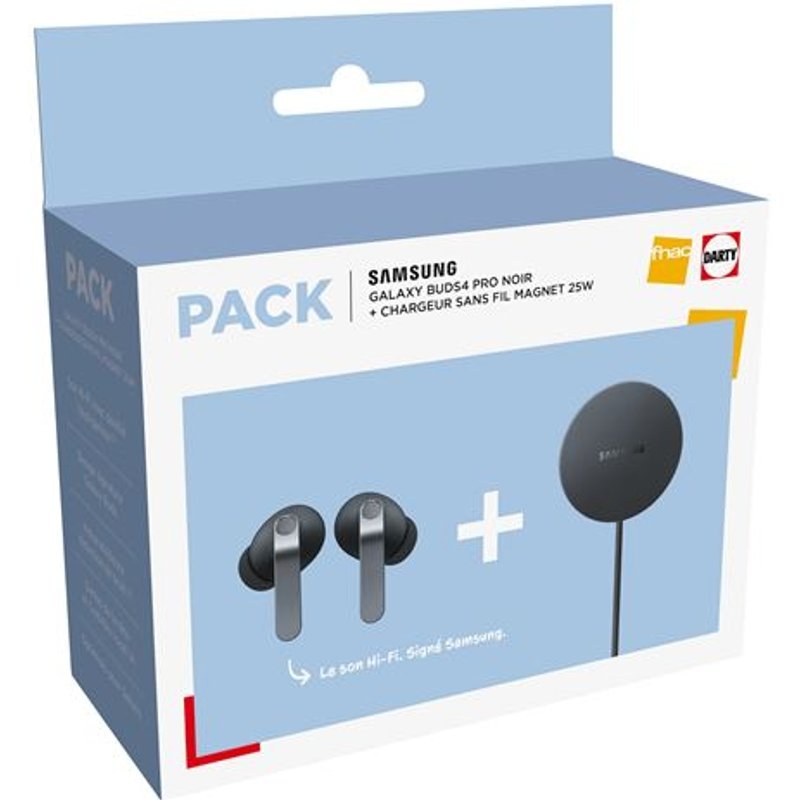 Pack Fnac Ecouteurs intra-auriculaires sans fil True Wireless Samsung BUDS4 Pro avec réduction de bruit active Noir + Pad à induction magnétique 25 W
