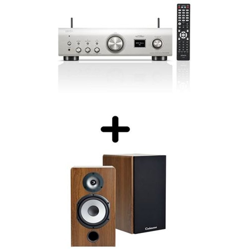 Un ampli Denon PMA-900HNE Argent + une paire d'enceintes bibliothèque Cabasse Antigua MT32/2 Noyer