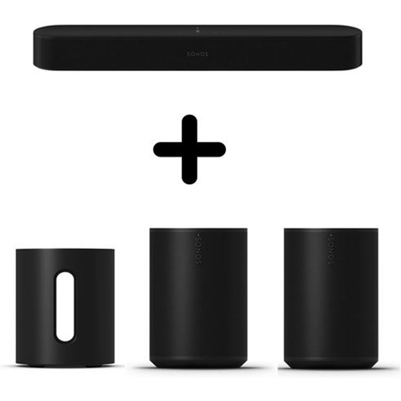 Barre de son Sonos Beam GEN2 Dolby Atmos Noir + Caisson de basses sans fil Sub Mini Noir + Enceintes sans fil Bluetooth Era 100 Noir Vendues par paire