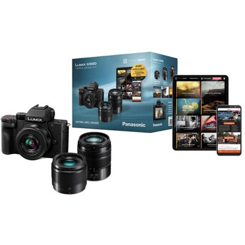 Pack Appareil photo hybride Panasonic G100D + Objectif standard 12-32 mm + Téléobjectif 45-150 mm + Focale fixe 25 mm F1.7 + formation Jiminy