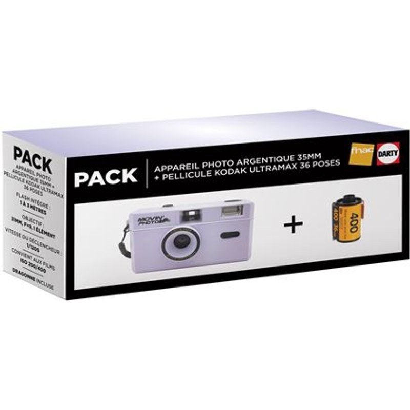 Pack Appareil photo argentique Movin Photo 35 mm Violet + Pellicule Kodak UltraMax 36 poses