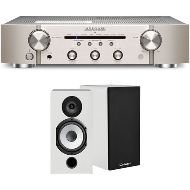 Un ampli Marantz PM6007 Argent et Or + une paire d'enceintes bibliothèque Cabasse Antigua MT32/2 Blanc mat