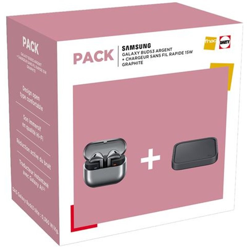 Pack Ecouteurs intra-auriculaires sans fil Samsung Galaxy Buds 3 avec réduction de bruit Argent + Chargeur sans fil rapide 15 W Graphite