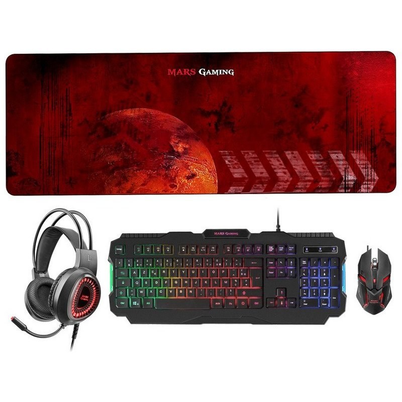 Mars Gaming MCPRGB2 Combo Gaming Clavier Français + Souris + Tapis de Souris XXL + Casque Noir