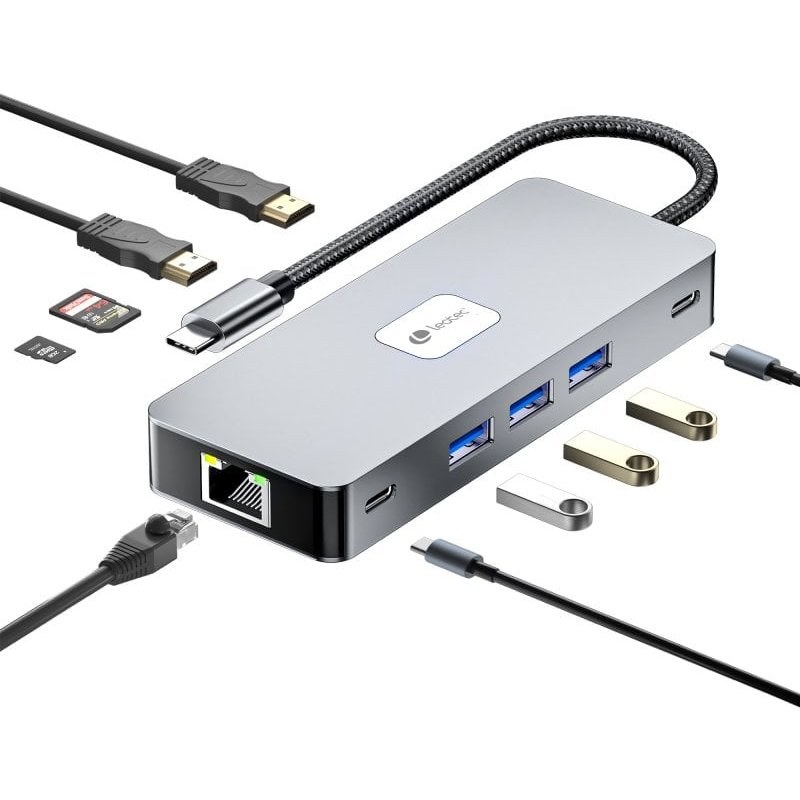 Station d'accueil Leotec LEDS02 10 en 1 USB-C PD 100 W / HDMI 4K / USB 3.0 / RJ 45 / Micro SD