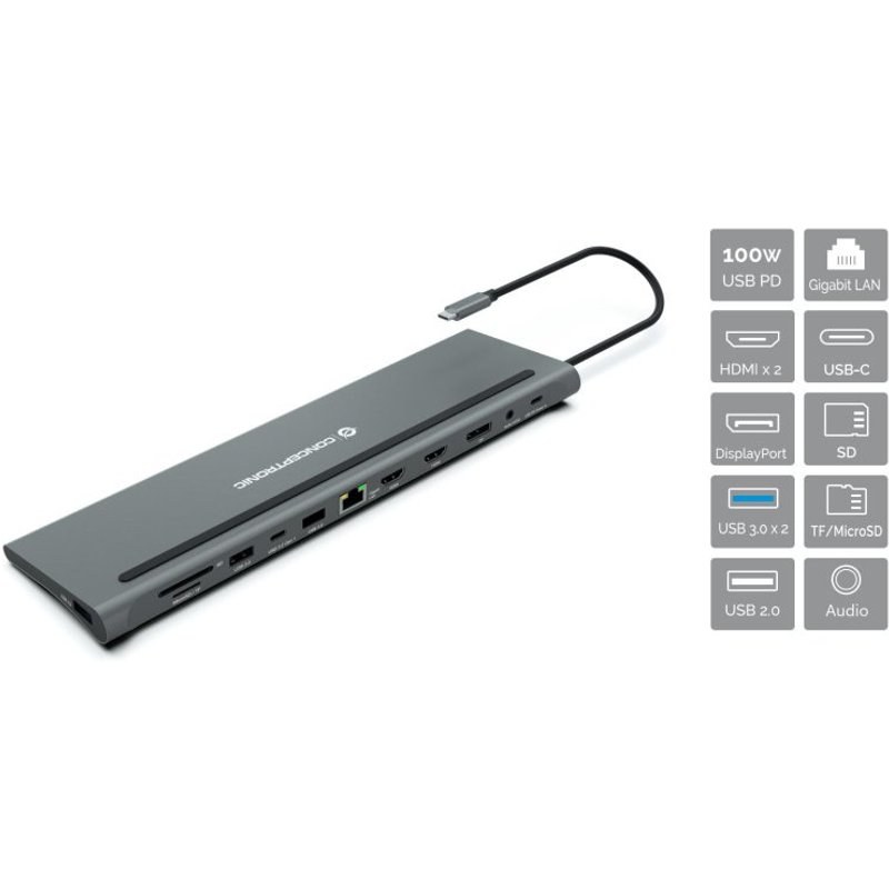 Station d'accueil Conceptronic DONN17G 12 en 1 USB-C pour 100 W USB PD/ Gigabit LAN/ 2XHDMI