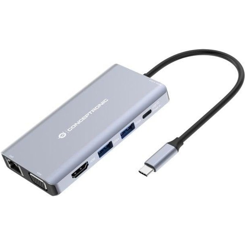 Station d'accueil USB-C 10 en 1 Conceptronic 100W PD HDMI VGA Ethernet