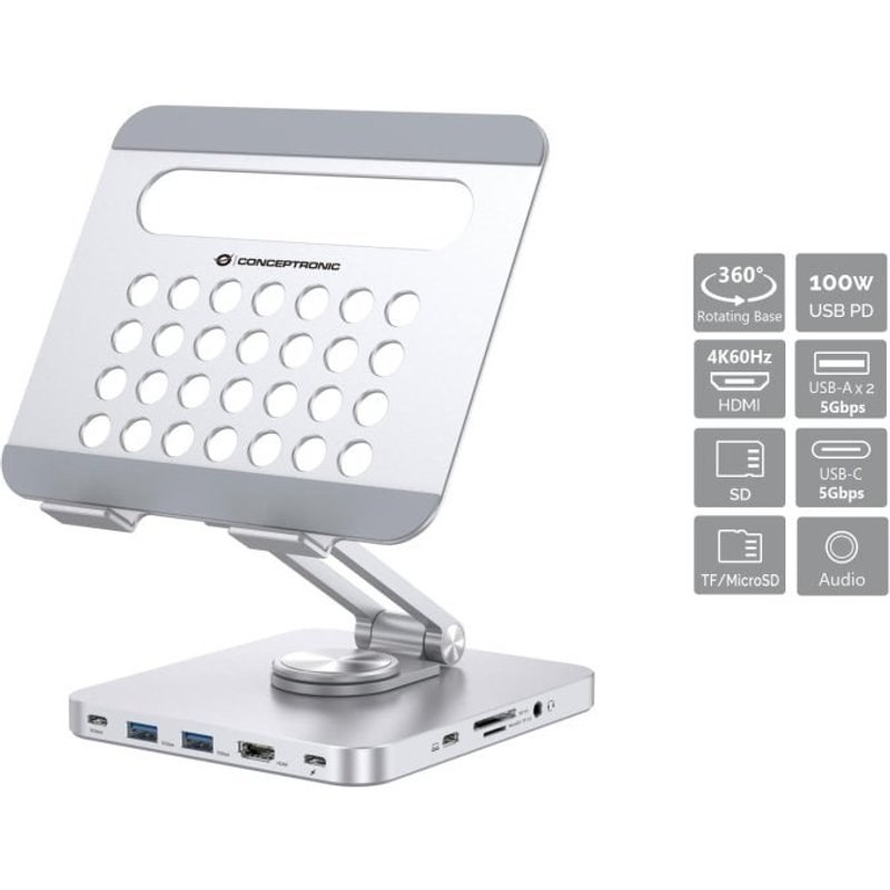 Station d'accueil Conceptronic 8 en 1 USB-C/100 W USB PD/HDMI/SD/TF/MicroSD/Audio Base