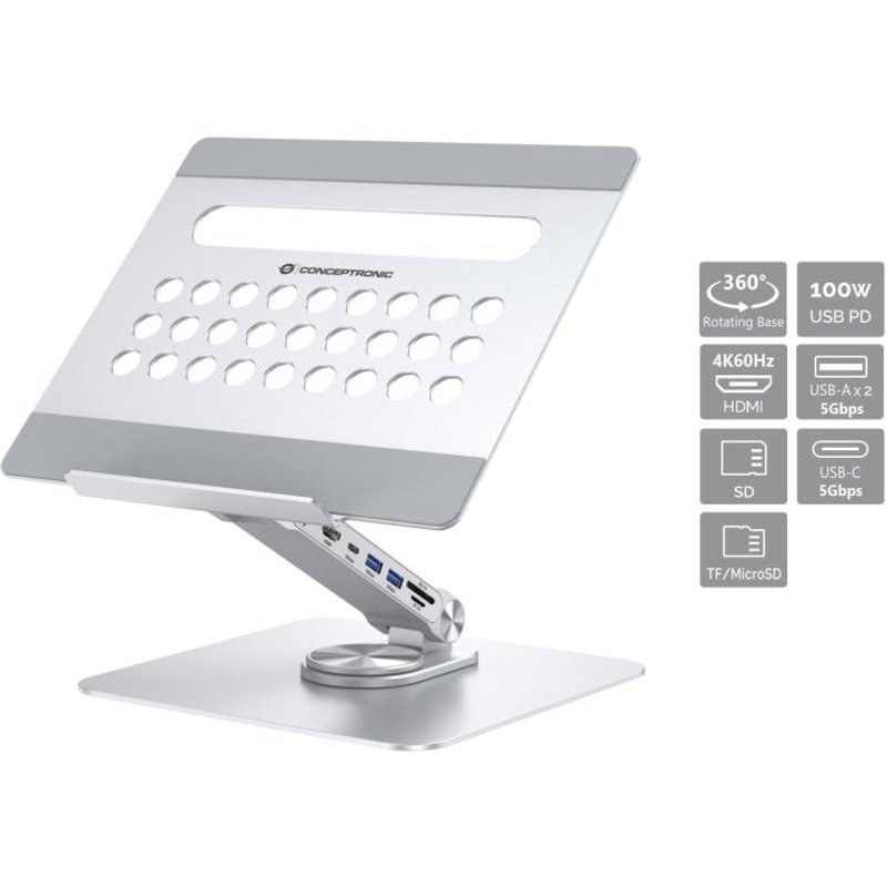 Station d'accueil portable Conceptronic avec support USB-C 7 en 1 100 W, USB