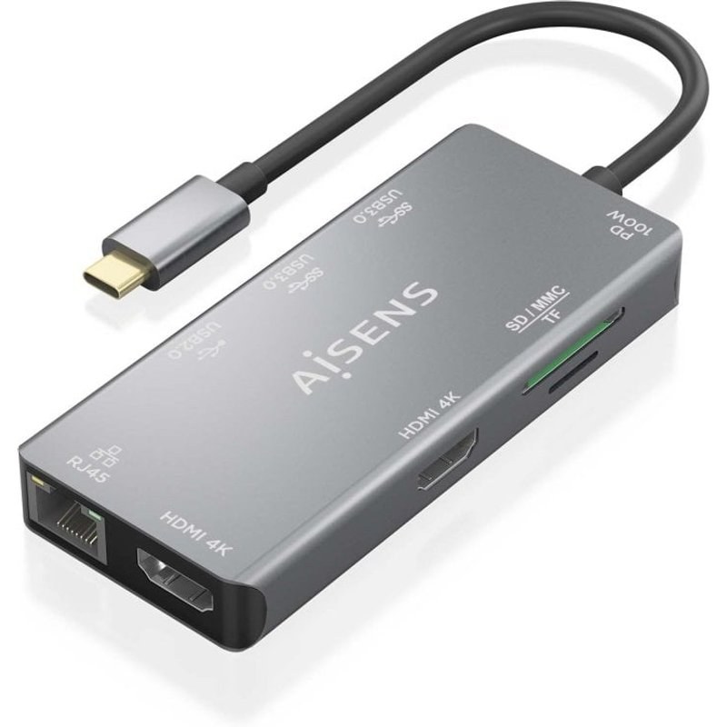 AISENS DUA9-0104 Station d'accueil USB-C 9 en 1 2XHDMI 1XRJ45 2XUSB3.0 100W SD MicroSD Gris 15CM