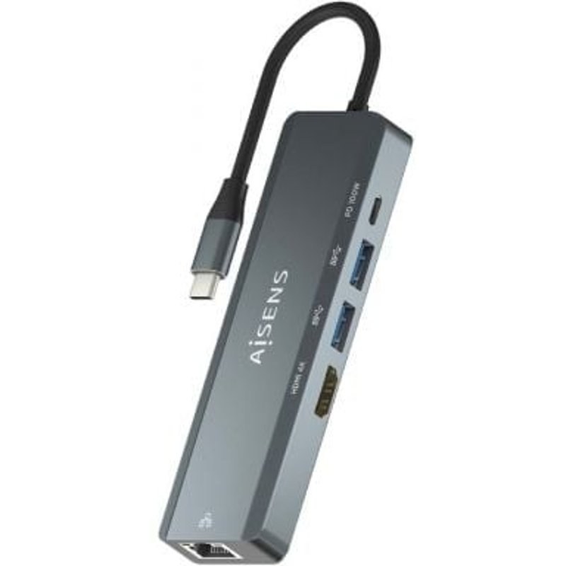 Station d'accueil convertisseur USB-C AISENS 5 en 1 HDMI/RJ45/2XUSB/PD 100 W Aluminium 15 cm