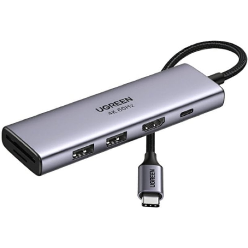 Hub USB-C 6 en 1 Ugreen Gris Argent HDMI 4K60 Hz 2XUSB-A SD TF PD 100 W Compact