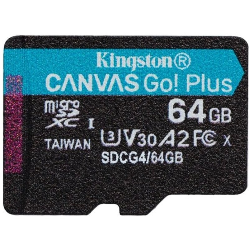 Carte microSD Kingston Canvas Go Plus 64 Go UHS-I U3 200 Mo/s A2 Noir, Turquoise