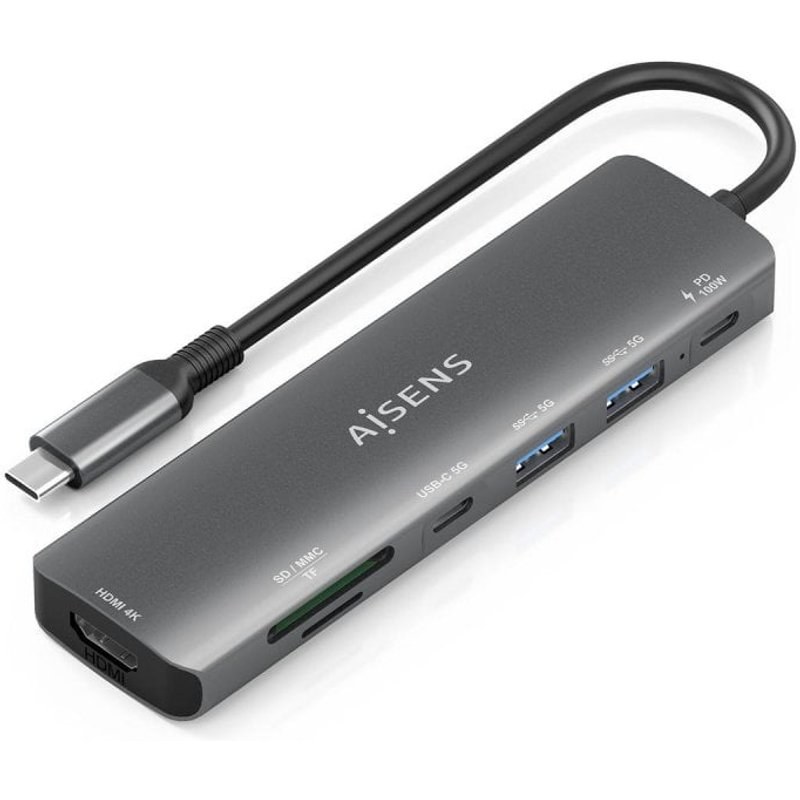 Dock USB-C AISENS ASUC-7P026-GR/ 1XHDMI/ 2XUSB-A/ 1XUSB-C/ 100W PD/ Lecteur SD/MicroSD