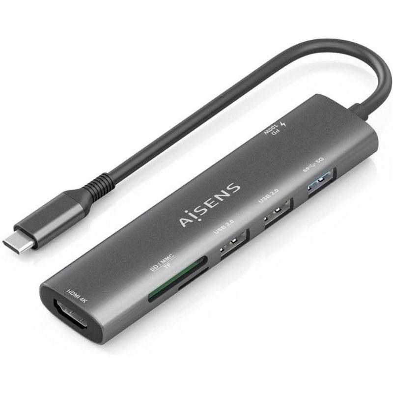 Aisens USB-C Dock 7 en 1, HDMI, 2XUSB-A USB2.0, 1XUSB-A USB3.0, USB-C PD 100W, SD, Micro SD