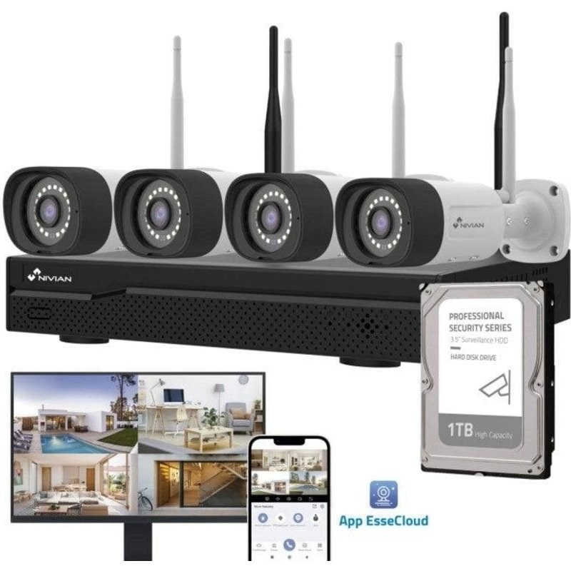 Caméra de surveillance Nivian Kit 2K Vision Nocturne Intérieur et Extérieur Détection IA Audio