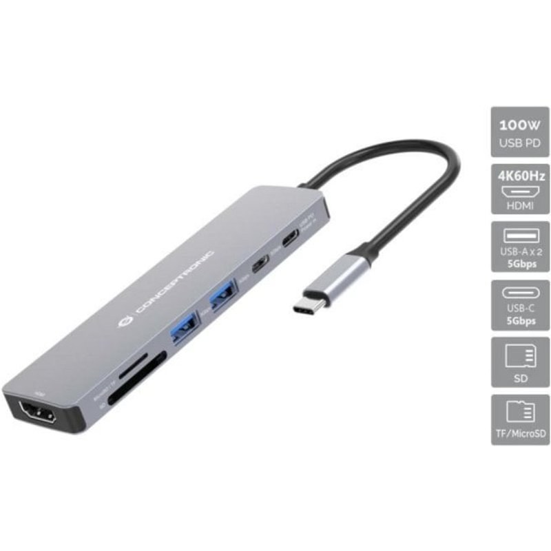 Conceptronic DONN28G Hub USB 3.2 Gen 1 Type-C avec 100 W, 2 USB-A, 3 USB-C, Gris