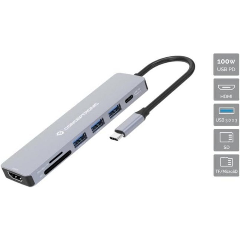 Conceptronic DONN19G Hub USB 3.2 Type-C 100 W Gris Lecteur de Cartes MicroSD