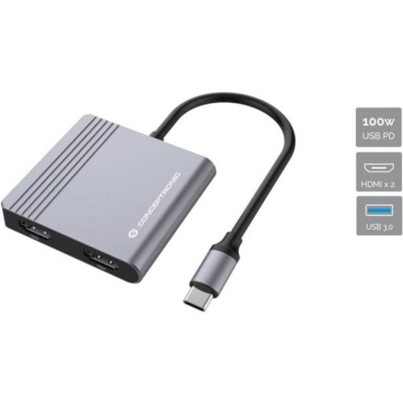 Conceptronic DONN13G Hub USB 3.2 Gen 1 Type-C 100W Gris 4K Ultra HD