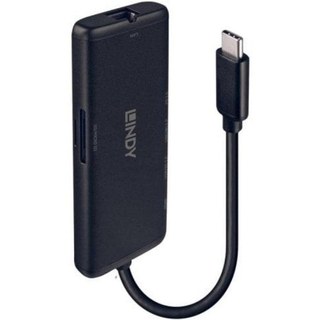 Hub USB-C Lindy 43358 Aluminio 3 Ports USB, HDMI 4K, Ethernet, Lecteur SD/TF, 100W PD, Noir