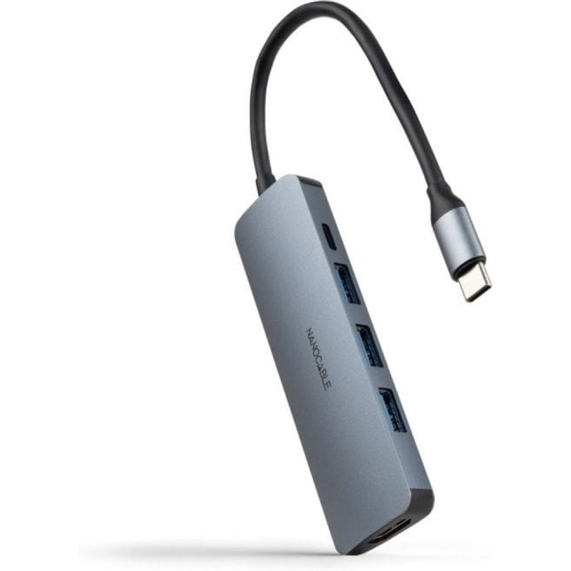 Hub USB-C Nanocable 5 en 1 Aluminio Gris 100W HDMI 4K USB-A 3.0