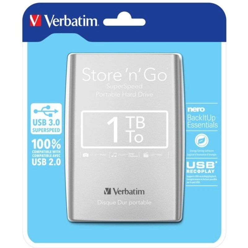 Disque Dur Portable Verbatim Store 'n' Go 1 To USB 3.0 Micro-USB B Argent