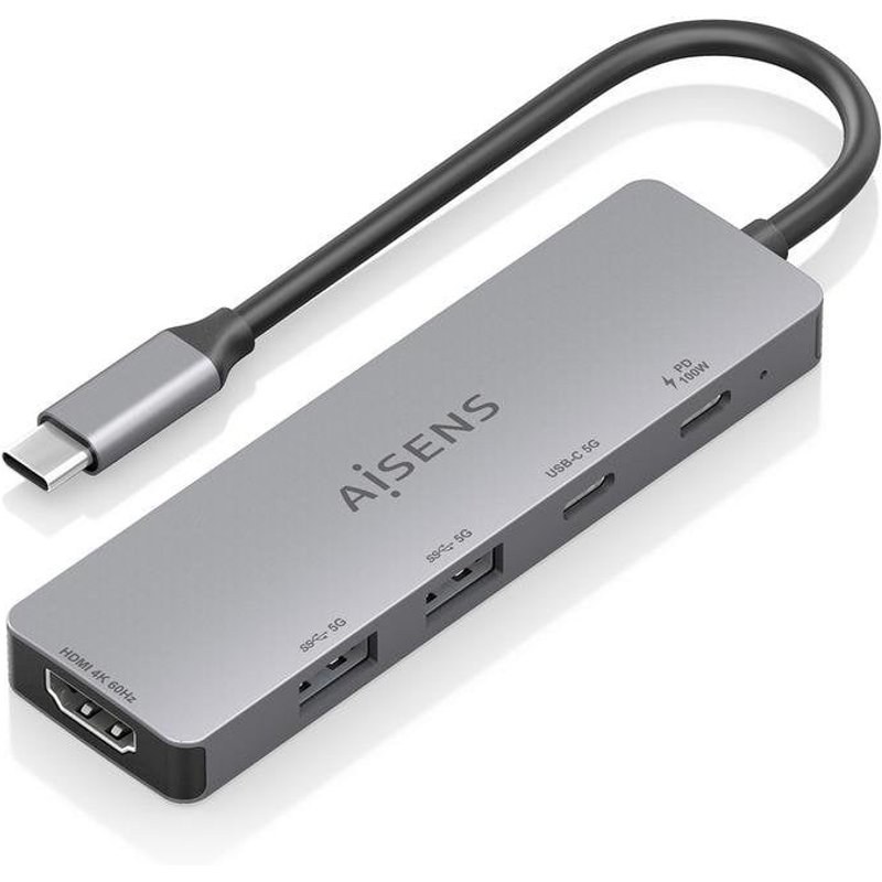 Station d'accueil USB-C Aisens ASUC-5P028-GR HDMI 4K 2XUSB-A 2XUSB-C PD Aluminium