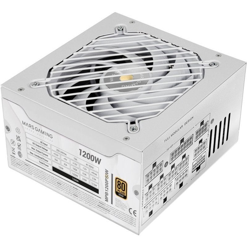 Alimentation Mars Gaming MPB1200PSI 1200 W, certifiée 80 Plus Gold, garantie 10 ans, blanche