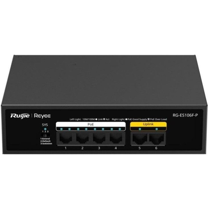 Switch Ruijie RG-ES106F-P 6X RJ45 10/100MBPS 4X PoE+ 2X Uplink Métal