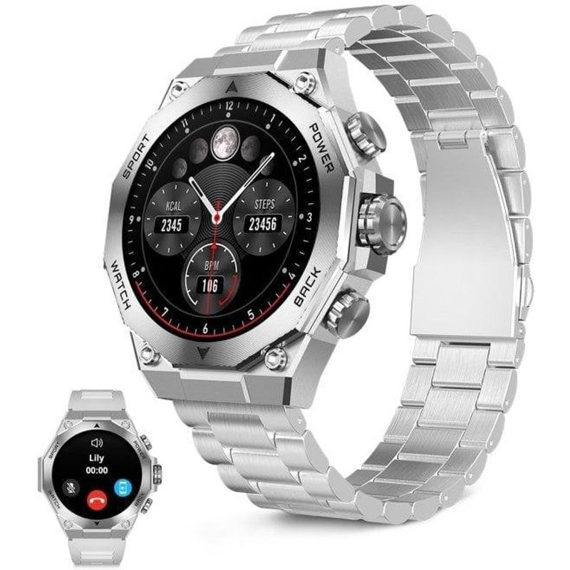 Ksix Titanium Bluetooth 55 mm AMOLED Argent Bracelet Silicone et Acier IP67 SPO2 Pulsomètre
