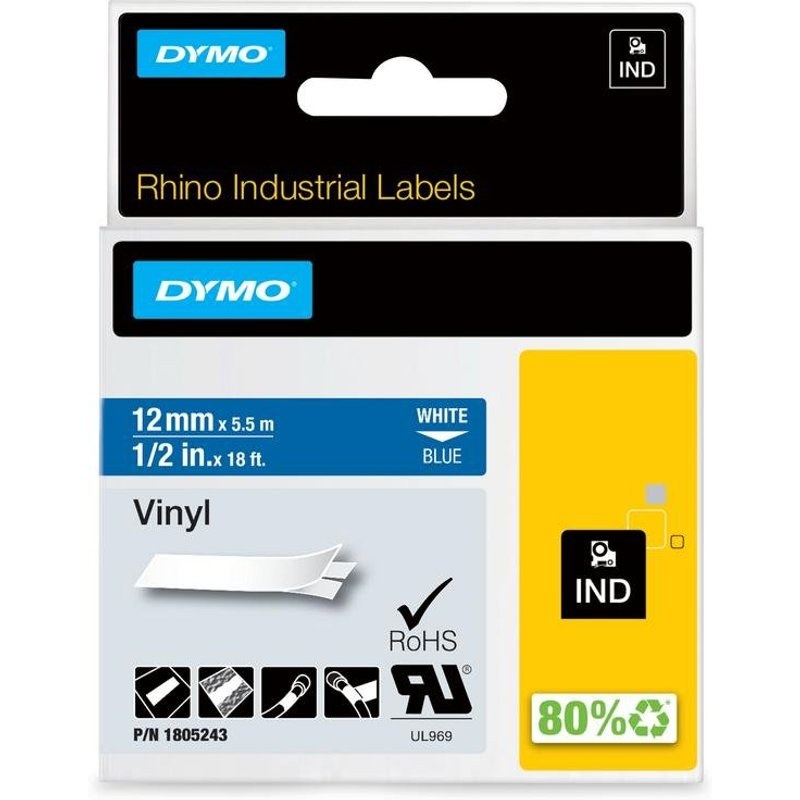 Étiquettes vinyle autoadhésives DYMO Rhino 12 mm x 5,5 m blanc sur bleu