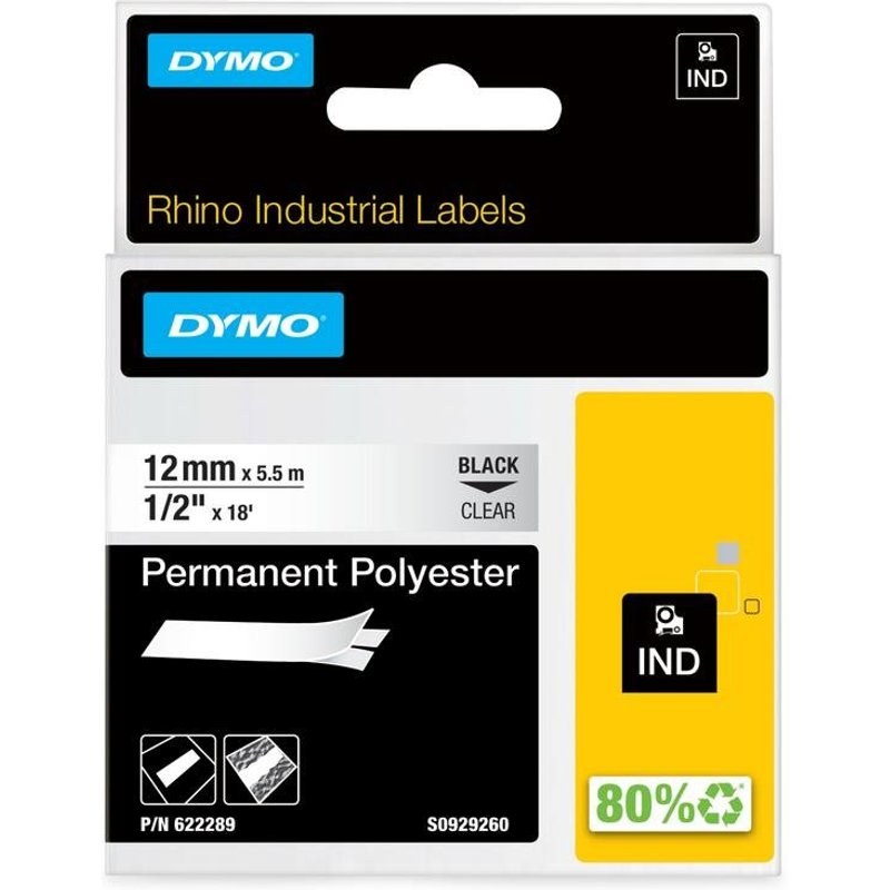 Étiquettes industrielles permanentes polyester DYMO Rhino 12 mm x 5,5 m résistantes