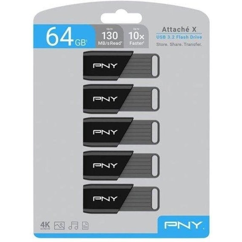 Clé USB PNY Attaché X 64 Go USB 3.2 Slide Noir et Gris Pack 5