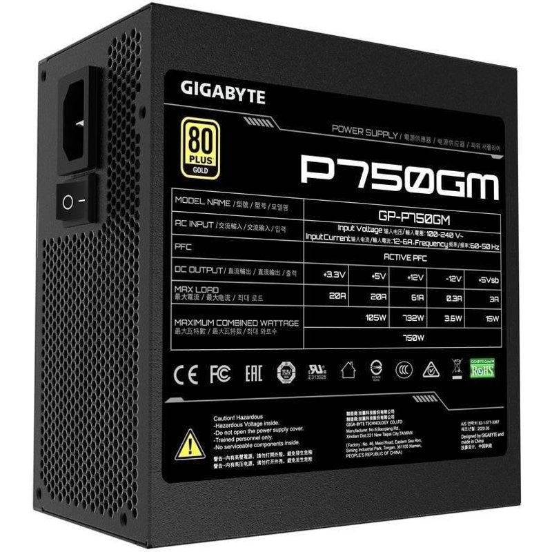 Fuente de Alimentación Gigabyte P750GM 750W Certificación 80 PLUS Gold modular activa
