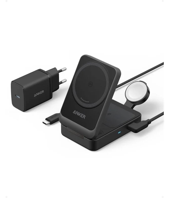 Anker MagGo iPhone Chargeur sans fil 3 en 1 Support de charge 15 W QI2 + Chargeur Noir