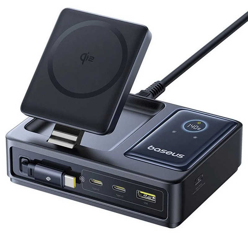 Station de charge sans fil Baseus Nomos 5 en 1 QI2 140 W 2 x USB-C + 1 x USB-A Affichage