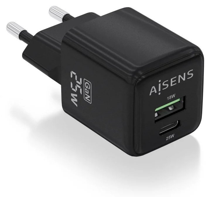 Chargeur Aisens ASCH-25W2P015-BK 25 W GaN 1 x USB-C PD3.0 QC4.0 1 x USB-A QC3.0 Noir