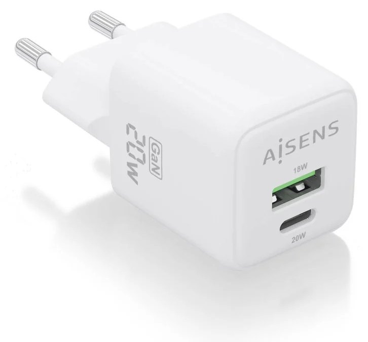 Chargeur Aisens ASCH-20W2P010-W 20 W GaN 1 x USB-C PD3.0 QC4.0 1 x USB-A QC3.0 Blanc