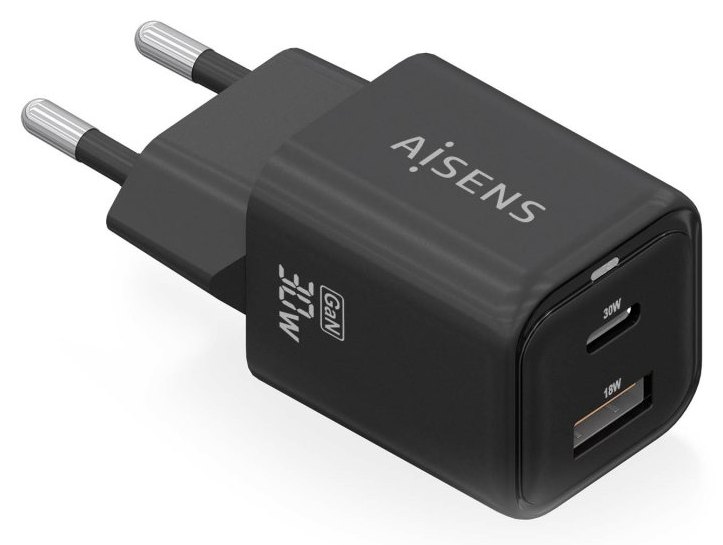 Chargeur Aisens ASCH-30W2P021-BK GaN 30 W 1 x USB-C PD3.0 QC4.0 1 x USB-A QC3.0 Noir