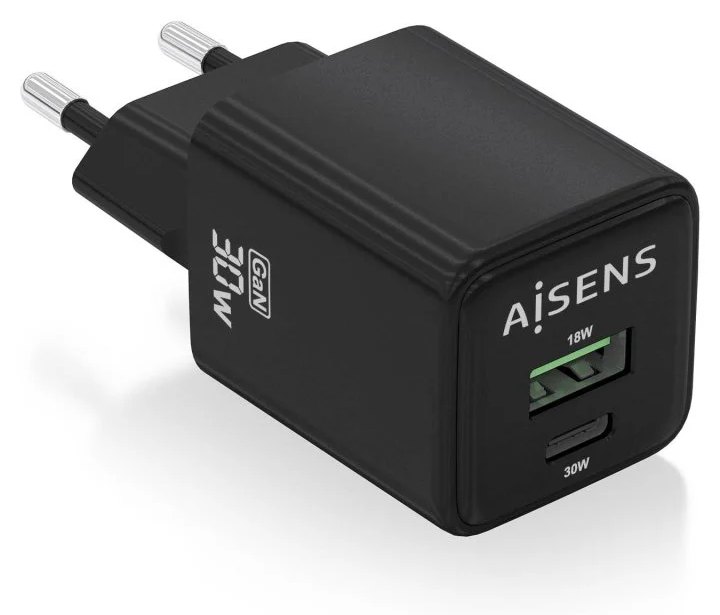 Chargeur Aisens ASCH-30W2P038-BK GaN 30 W 1 x USB-C PD3.0 QC4.0 1 x USB-A QC3.0 Noir