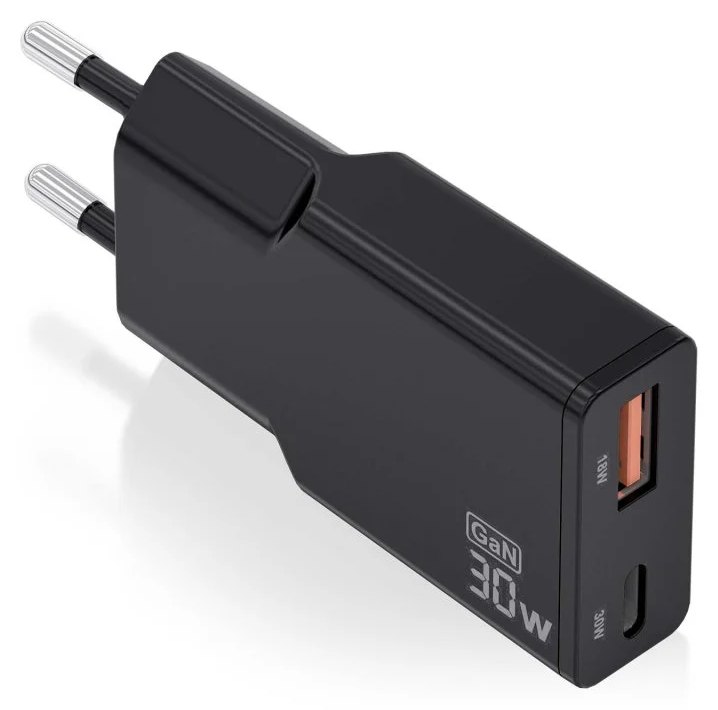 Chargeur ultra-fin GaN Aisens ASCH-30W2P047-BK 30 W USB-C PD3.0 QC4.0 1XUSB-A QC3.0 Noir