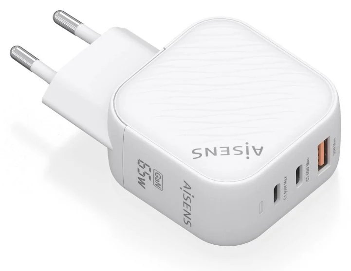 Chargeur Aisens ASCH-65W3P026-W 65 W GaN 2 x USB-C PD3.0 QC4.0 1 x USB-A QC3.0 Blanc