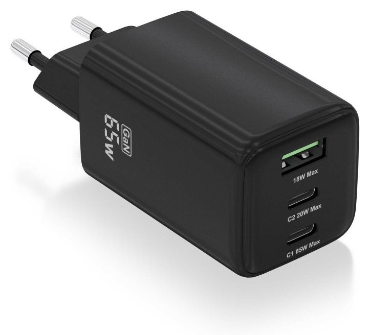 Chargeur Aisens ASCH-65W3P042-BK 65 W GaN 2 x USB-C PD3.0 QC4.0 1 x USB-A QC3.0 Noir