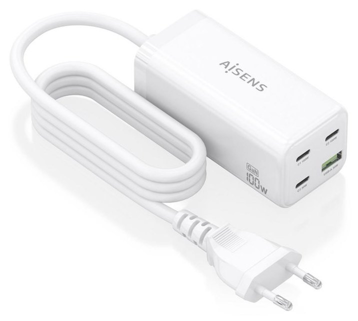Cargador Aisens GaN 100W, 3X USB-C PD3.0 QC4.0 QC5.0, 1X USB-A QC3.0, Blanc