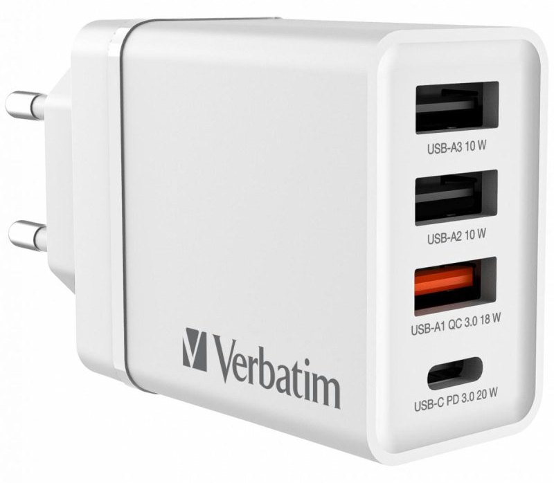 Verbatim 49700 Chargeur AC Universel 100-240V/3 Ports USB/Charge Rapide/Blanc