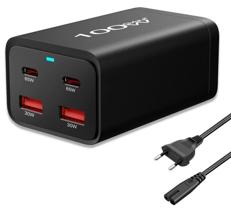 Chargeur PCCom Essential GAN3 : 2 ports USB-C 100 W + charge rapide, 2 ports USB-A 3.0