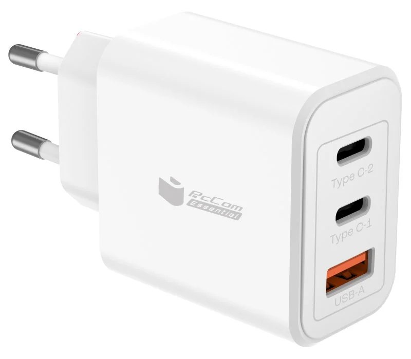 Chargeur PcCom Essential 2X USB-C 65W + USB-A 3.0 Blanc