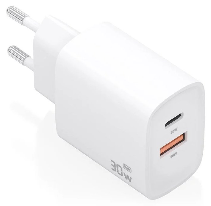 Chargeur mural GaN AISENS A110-0952 USB-C PD3.0 QC4.0 1XUSB-C 1XUSB-A 30W Blanc